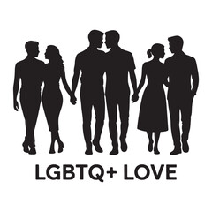 Black Silhouettes of LGBTQ+ Couples Holding Hands, Hugging, Kissing, and Walking — Inclusive Love and Pride Icons (3).eps

