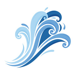 Blue Ocean Wave Splash with Swirls and Water Drops Isolated on White