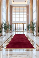 Luxurious hotel lobby with a deep red runner rug, marble flooring, gold accents, and large windows