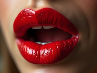 Obraz premium Vibrant Red Lipstick on Perfectly Contoured Lips – Glamorous Beauty Close-Up