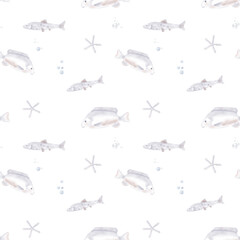 Sea and river fish swim around the starfish. Watercolor illustration. Seamless pattern. Air bubbles in the underwater world, schools of beige fish, isolated on white background. Marine theme, fishing