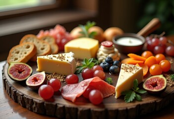 artfully arranged cheese charcuterie display gourmet platter fruits bread nuts dips, meat, cheddar, brie, prosciutto, salami, cracker, olive, grape, honey
