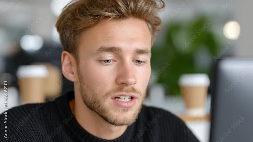 Poster focused determination: a young man gazes intently at a monitor, his focused gaze and slight lip move