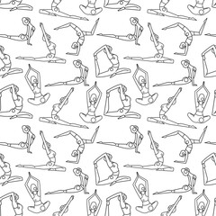 Yoga class seamless pattern. Silhouettes of girls in asanas. Thin line graphic style for your design. Black print on white background