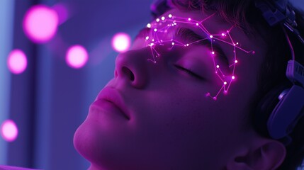 Man with Neural Headset in Futuristic Environment