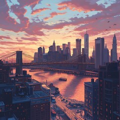 Orange Sky Behind Urban Waterfront Cityscape High Resolution Picture