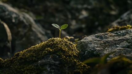 Close-Up of New Sprout Growing on Mossy Stone in Forest with Sunlight and Green Nature Background