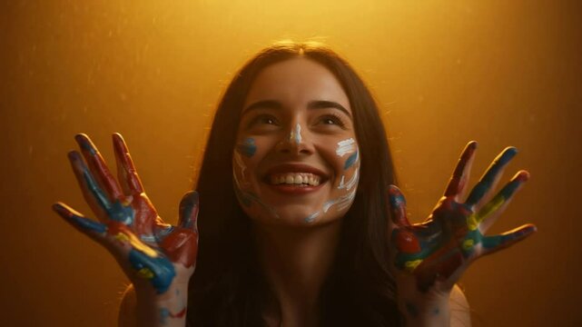Joyful young woman with colorful paint on her hands and face smiles ecstatically, looking up against a warm golden background, symbolizing artistic self-expression and creative freedom in art