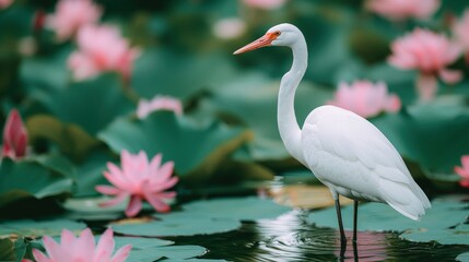Obraz premium White heron standing in a pond with pink water lilies