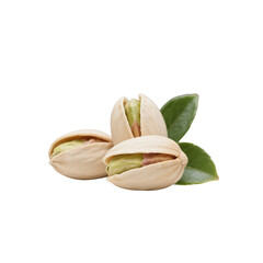 Close-up studio shot of fresh pistachio nuts displaying textural detail against a black background with green leaves