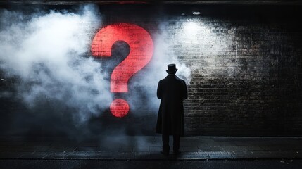 Mysterious silhouette of a man in a top hat standing against a foggy wall with a large question mark illuminated in red light