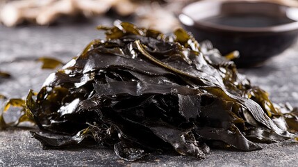 Close-up of Dried Seaweed Clumps with Dark Tones, Nutrient-Rich Sea Vegetable