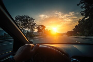 A Golden Journey Driving Towards the Radiant Sunset on an Open Road