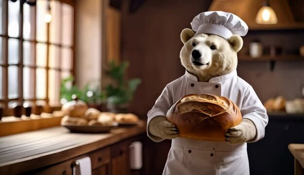Polar Bear Baker Chef Proudly Presents Freshly Baked Artisan Bread in Rustic Kitchen
