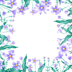 Square Border frame Blue petal wild field flowers. Botanical hand drawn watercolor illustration on isolated background. Herbal design for wedding