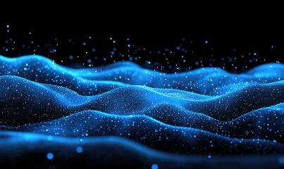 Abstract digital landscape of glowing blue particles forming wavy terrain against a dark background.  Particles densely packed and illuminated creating a sense of depth and motion