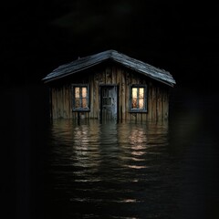 Wooden cabin afloat in floodwaters
