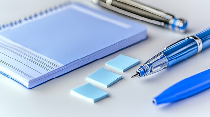 Blue Pen and Notepad on White Desk