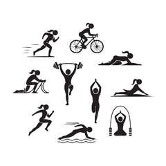 Black Silhouette Icons of People Doing Fitness and Wellness Activities – Running, Cycling, Yoga, and More