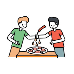 Two friends preparing pizza together in a fun and colorful line art style