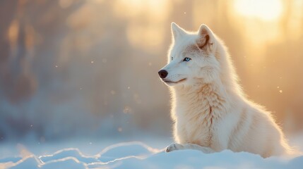 Obraz premium In a moment of tranquil beauty, an Arctic wolf lies in soft snow, embodying peace and resilience, with a backdrop of a softly glowing snowy landscape.