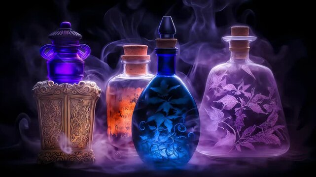 Magic potion bottles glow with purple smoke, dark fantasy alchemy video. Mystical elixirs, witchcraft elements, 4K seamless loop animation, game asset.