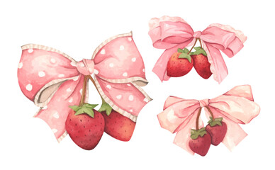 Coquette Strawberry Bow Watercolor in Autumn Garden with Soft Pastel and Feminine Vintage Style