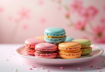 Fototapeta premium assorted colorful macarons elegant pastel plate sweet dessert arrangement delightful french treats, pastry, confection, whimsical, cream, sugar, almond