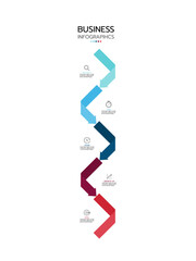 Business infographic template displaying five vertical, connected zigzag arrow banners with a gradient from light blue to red. Each banner contains an icon and text area. Vector illustration.