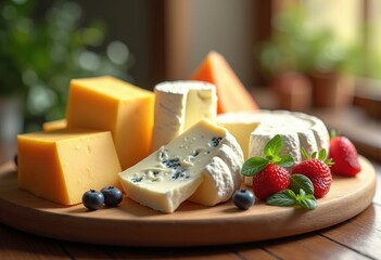 assorted dairy products colorful display enticing cheese variety creamy yogurt fresh butter beautiful wooden board artistry, artisan, food, spread, block