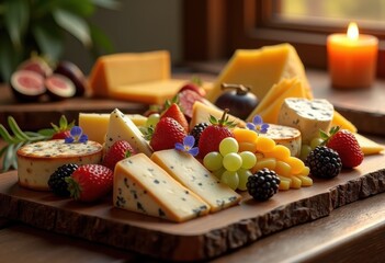 assorted gourmet cheese platter fresh fruits elegant presentation artistry culinary delight, grapes, berries, figs, nuts, cheddar, brie, balsamic, herb