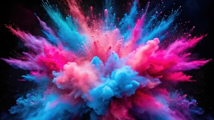 Fototapeta premium Fiery explosion of vibrant pink and blue powders, with swirling clouds of color against a dark background, blue powder, firework effect