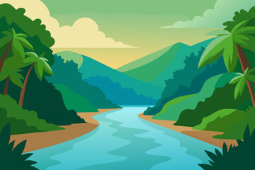 quiet jungle river glistening in the afternoon 