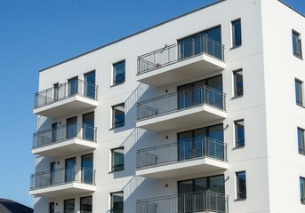 White apartment building with balconies under a clear blue sky on a sunny day in a modern style