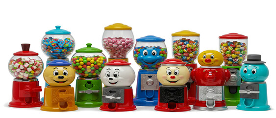 A colorful collection of whimsical gumball machines filled with various candies on a white background