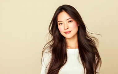 Beautiful asian woman with long hair over colorful background. Beauty and healthy lifestyle.