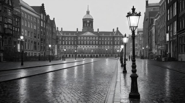 Fototapeta Amsterdam Royal Palace Rainy Day: A picturesque black and white photograph capturing the majestic Amsterdam Royal Palace on a rainy day, with glistening cobblestone streets and elegant street lamps. 