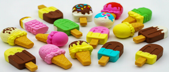 A delightful assortment of colorful ice cream erasers displayed on a white background