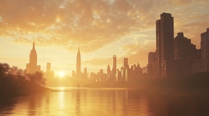 Fototapeta premium Waterfront Urban Scene With Sunset Glow Above High Resolution Picture