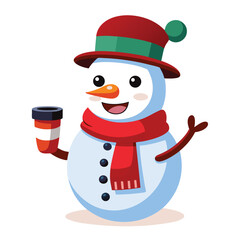 A cheerful 3D snowman wearing a hat and scarf, holding a warm drink