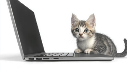 Cute cat peeking behind laptop, showcasing its playful curiosity and charm. cat expressive eyes and soft fur add delightful touch to business work environment