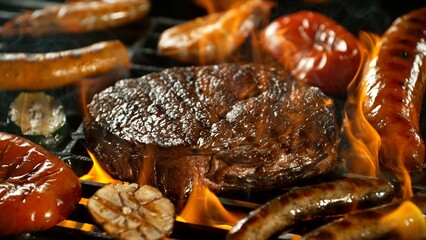 Close-up of Beef Steak on a Grill with Roaring Flames