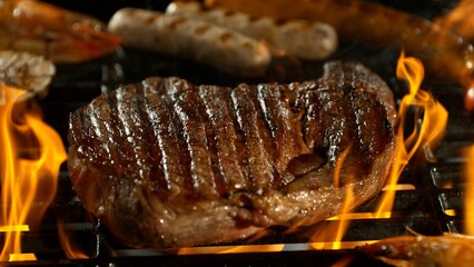 Close-up of Beef Steak on a Grill with Roaring Flames