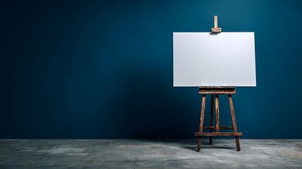 Empty canvas for wall art mockup on easel against dark blue wall in creative studio space ready for painting or artistic expression