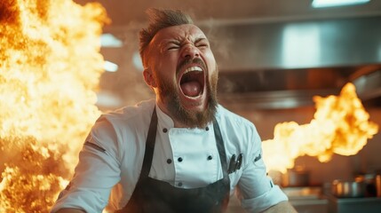 The image showcases a chef passionately yelling while surrounded by flames and a busy kitchen, emphasizing the high-stakes environment and emotional intensity of the culinary profession.