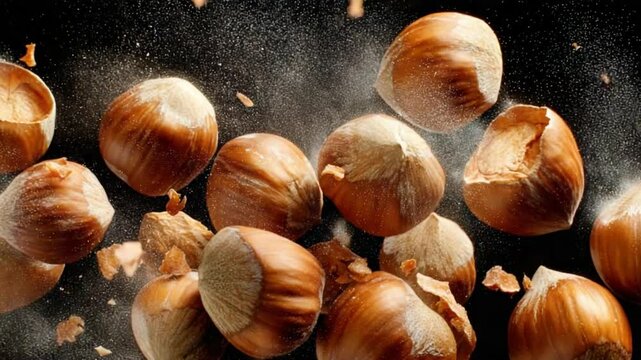 Flying hazelnuts bursting apart in mid-air with a dark background creating an energetic scene