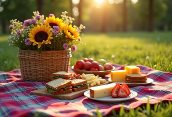 colorful picnic setup table vibrant delicious fresh floral cozy lively summer atmosphere cherished moments, food, fruits, blankets, flowers, centerpiece