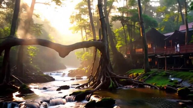 Misty Morning in Nongriat with Aerial Views of Living Root Bridges and Villagers in the Lush Khasi Hills Jungle