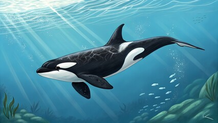 Killer whale jumping out of ocean water creating splashes.