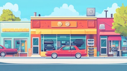 Obraz premium Red car parked outside auto parts store on sunny street.